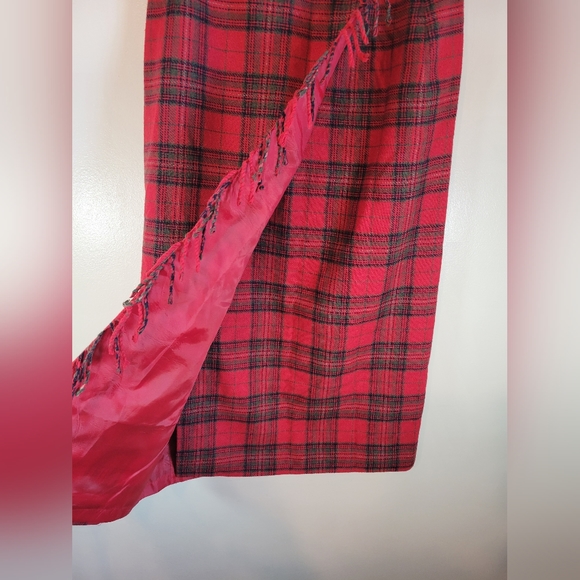 Carroll Reed Vintage Red Green Plaid Fringe Wrap Skirt Size 10 - Picture 5 of 11